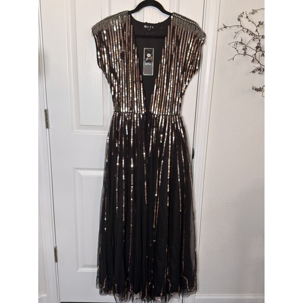 SETA Sarkisian Dress Small NWT Black Gold Sequin Embellished Deep V Maxi Gown - Picture 7 of 16